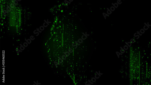 A digital matrix silhouette background with green binary code particles. binary data. Abstract information concept. glowing green matrix rain illustration. Vector cyber graphic design.