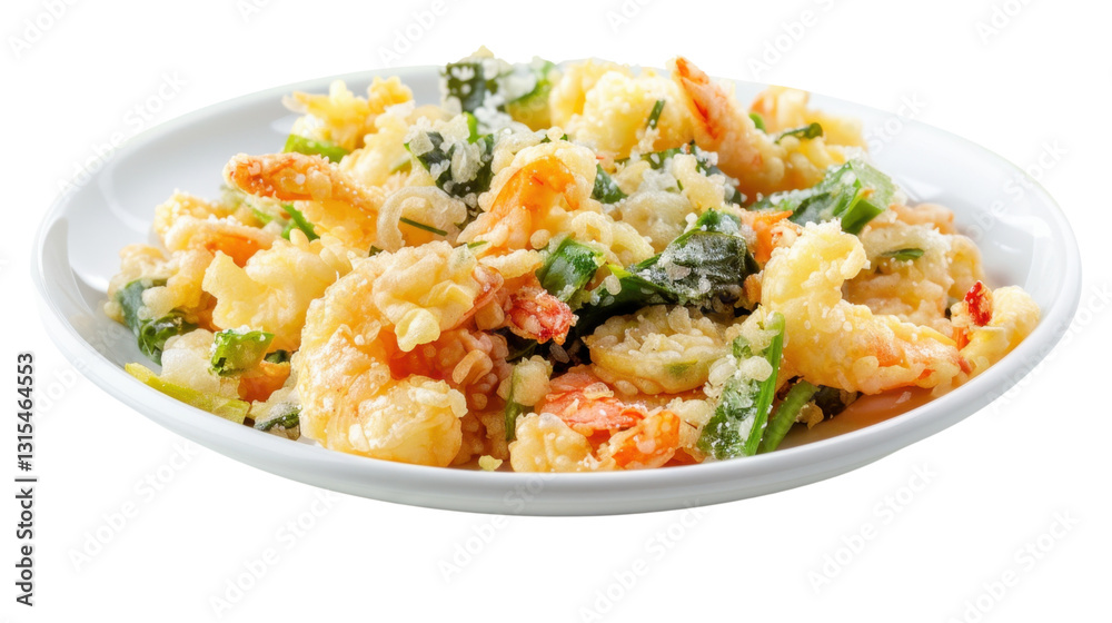 Tempura shrimps with vegetables and parmesan on white plate with transparent background Tempura shrimps with vegetables and parmesan on white plate with transparent background