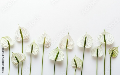 Row of white Anthurium flowers arranged on a white background.  Simple, elegant, and minimalist floral design