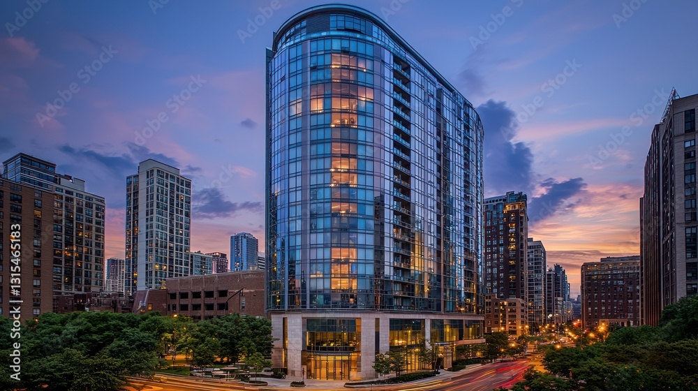 Obraz premium Modern high-rise apartment building at sunset.