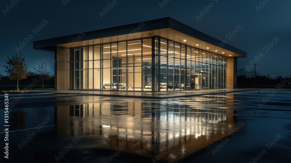 Fototapeta premium Modern glass building reflected in wet pavement at night.