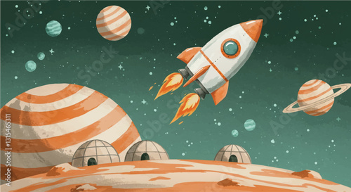 Fantastic sticker in orange-green tones. Space cartoon illustration with rocket and planets. EPS 10 version.
