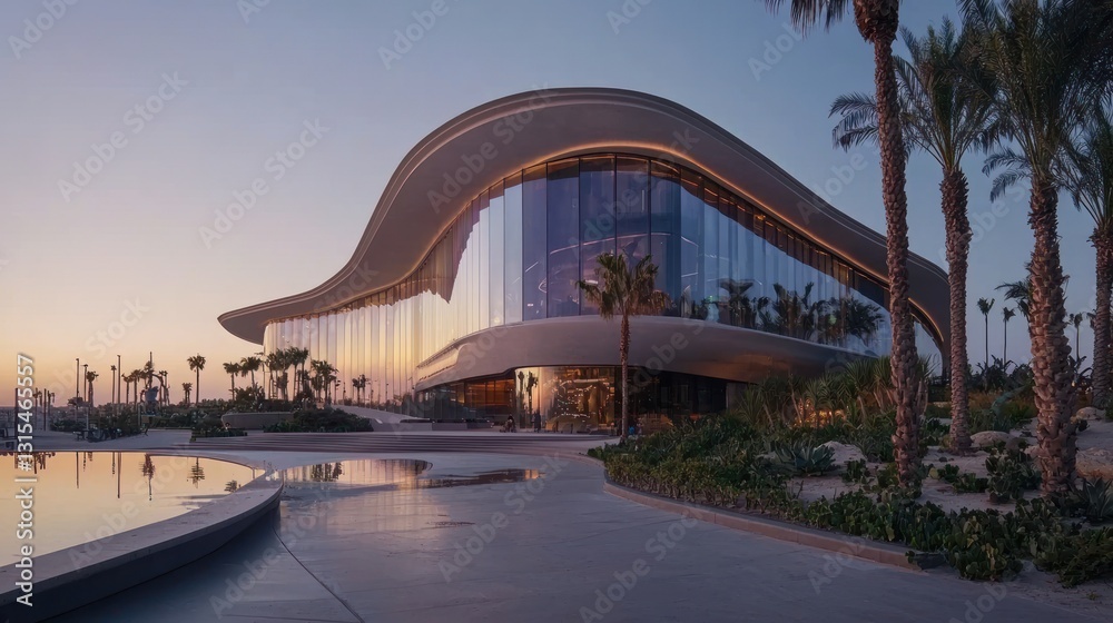 Obraz premium Modern glass building at sunrise with palm trees and reflecting pool.