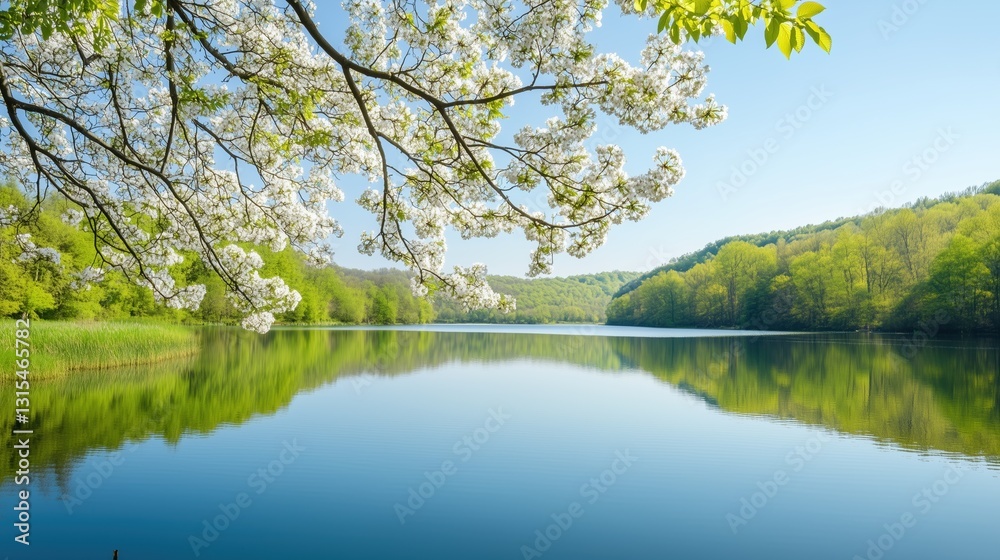 A beautiful lake with a tree branch in the water. The branch is covered in white flowers. The sky is clear and blue