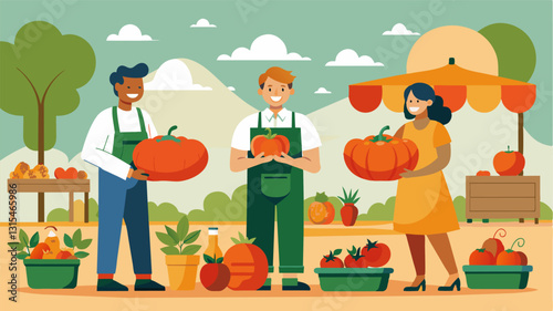 Proud gardeners display their prized heirloom tomatoes and giant pumpkins at the festivals garden produce showcase each with a unique story of how they were grown.. Vector illustration