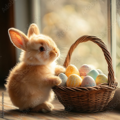 Adorable Baby Bunny with Easter Eggs
