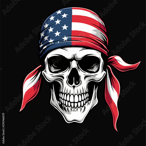 Biker vector t-shirt design with human skull
with usa flag bandana on black background.
Fashionable print for fabric, paper, men clothing,
hoodie, jacket. T shirt template in american style.