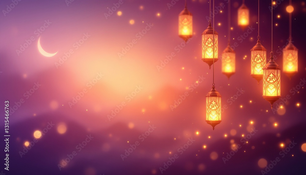 Obraz premium A Ramadan Kareem banner with a twilight purple-to-gold gradient, a glowing crescent, ethereal Arabic calligraphy, and warm lanterns