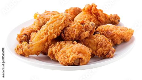Crispy fried chicken wings piled on white plate with transparent background