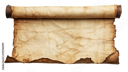 Paper scroll isolated on transparent background resembling an ancient document or manuscript, perfect for historical, vintage, or antique-themed content. photo