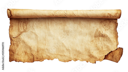 Paper scroll isolated on transparent background resembling an ancient document or manuscript, perfect for historical, vintage, or antique-themed content. photo