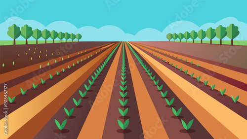 Rows of crops in perfectly straight lines a result of using precise GPS technology during planting to ensure even spacing and optimal use of land.. Vector illustration