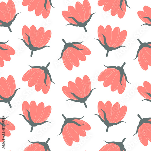 Seamless floral pattern with coral flowers and dark gray stems on white background, minimalist botanical design for textile, wallpaper, wrapping paper, vintage poster