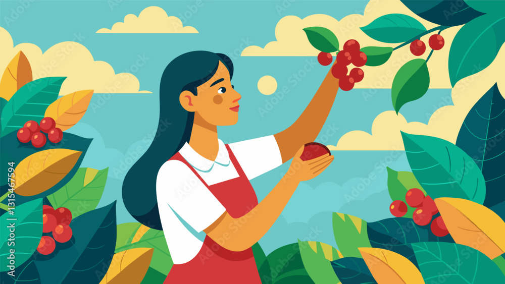 Under the bright morning sun a young woman deftly plucks ripe coffee cherries from the branches her fingers stained with the fruits crimson juices.. Vector illustration Under the bright morning sun a young woman deftly plucks ripe coffee cherries from the branches her fingers stained with the fruits crimson juices.. Vector illustration