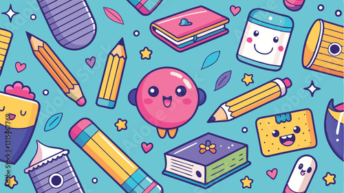 Colorful vector illustration of cheerful stationery and school supplies on a bright yellow background, showcasing creativity and fun in a vibrant and playful design