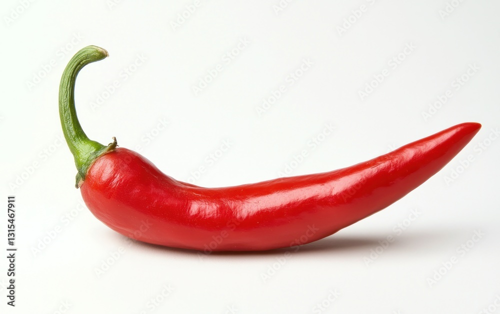 Vibrant red chili pepper with a green stem, captured against a bright white background. The pepper is glossy and curves gently. Studio shot with natural lighting Vibrant red chili pepper with a green stem, captured against a bright white background. The pepper is glossy and curves gently. Studio shot with natural lighting