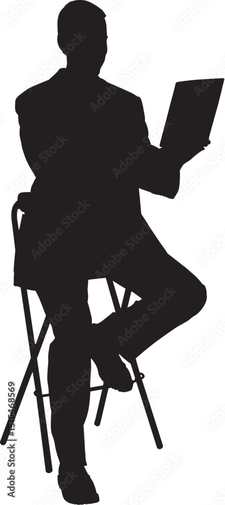 This silhouette illustration depicts a man sitting on a stool, holding a laptop or a book, possibly engaged in work, study, or presentation. The posture suggests confidence and professionalism.