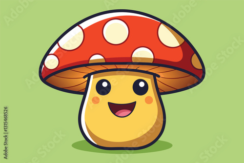Cute smiling mushroom character with a red and white spotted cap set against a bright green background, suitable for children's illustrations and digital art
