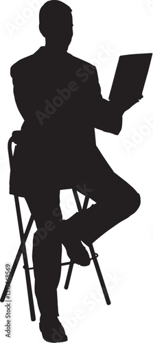 Obraz na płótnie This silhouette illustration depicts a man sitting on a stool, holding a laptop or a book, possibly engaged in work, study, or presentation. The posture suggests confidence and professionalism. w salonie
