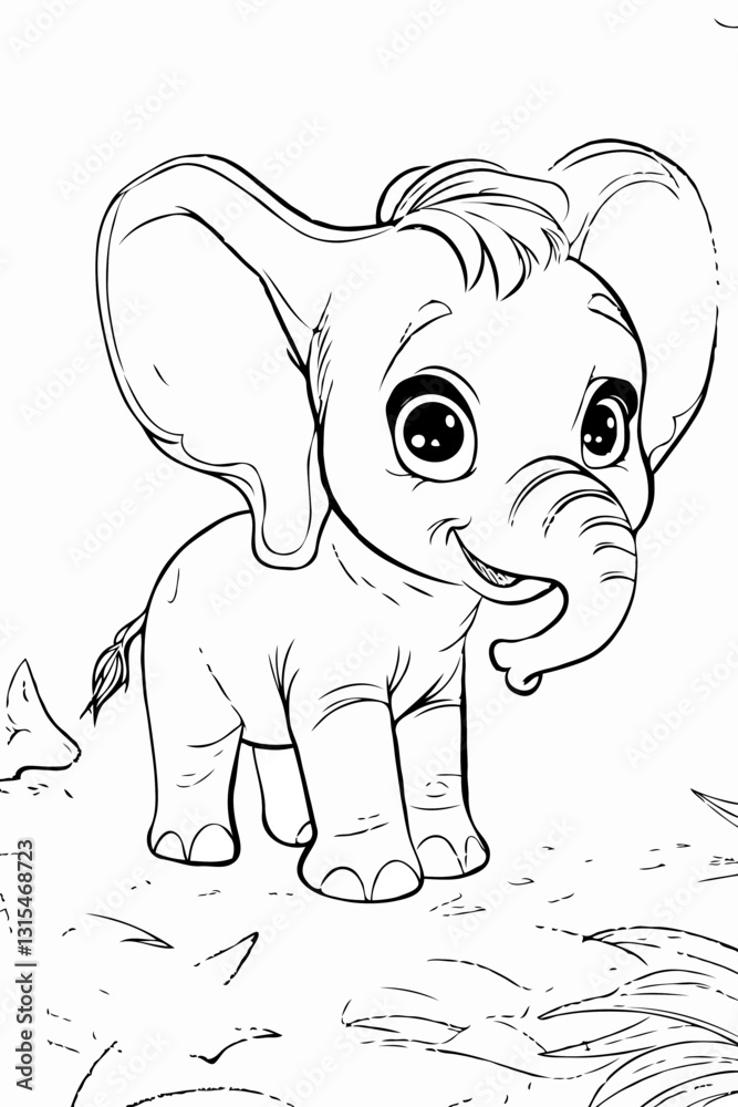 Fototapeta premium Cute baby elephant, black and white coloring book
