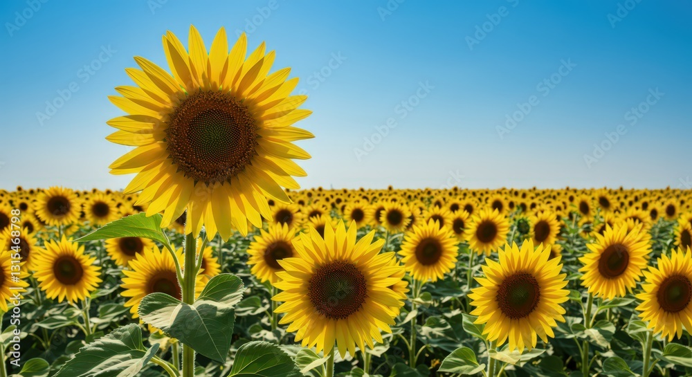 Obraz premium Vibrant Sunflower Field Under a Clear Blue Sky