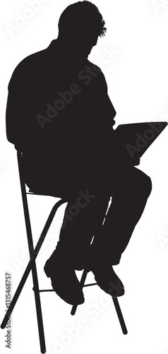 This silhouette illustration depicts a man sitting on a stool, holding a laptop or a book, possibly engaged in work, study, or presentation. The posture suggests confidence and professionalism. 