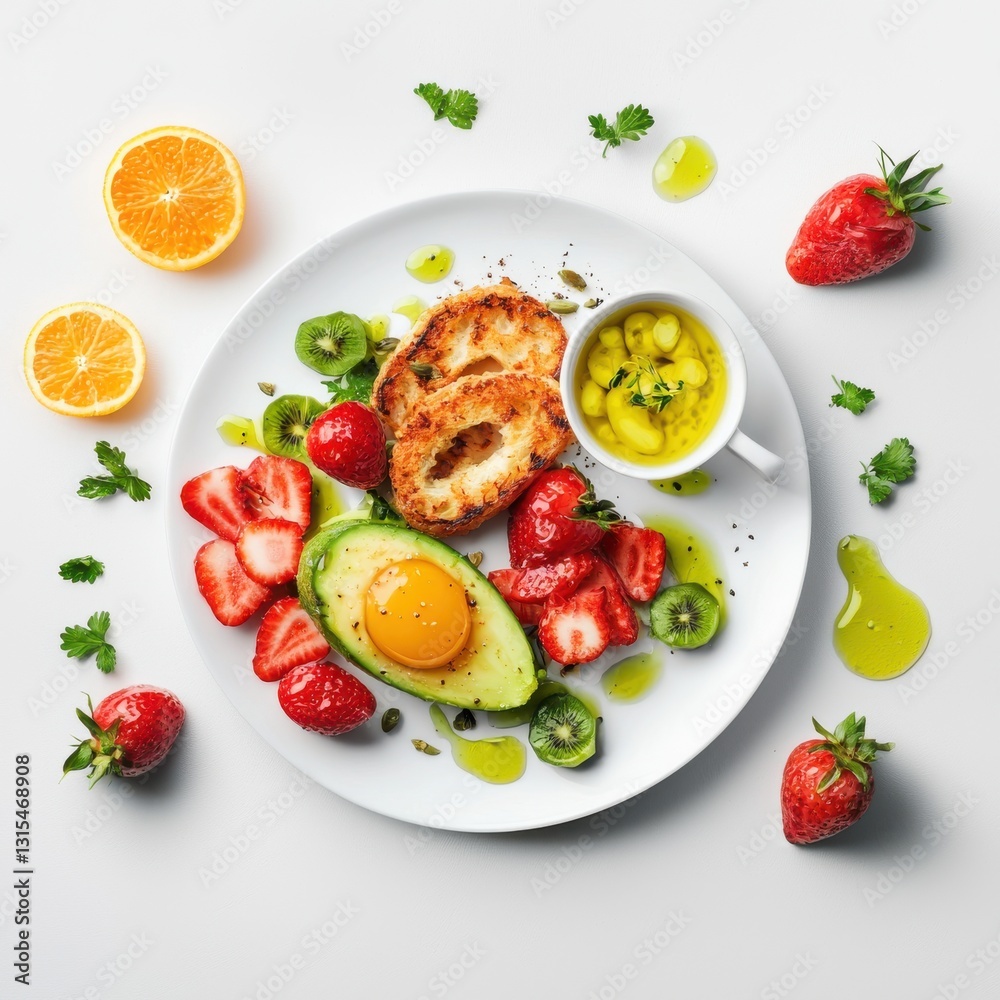 Vibrant plate of healthy breakfast featuring an assortment of fresh fruits and nutritious vegetables for energy Vibrant plate of healthy breakfast featuring an assortment of fresh fruits and nutritious vegetables for energy