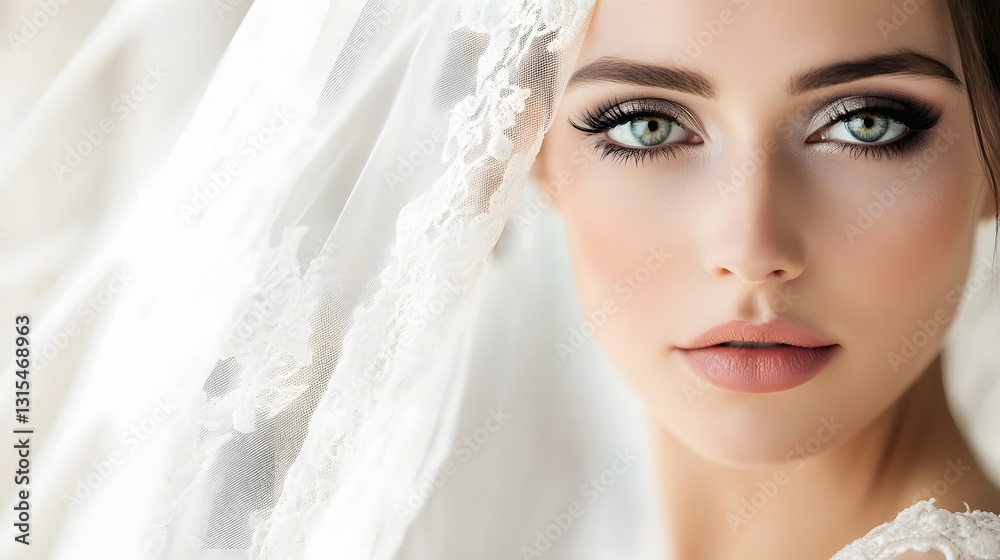 Realistic close-up of a bride’s face, with detailed makeup & an elegant veil. The focus is on her eyes, her skin & her makeup Realistic close-up of a bride’s face, with detailed makeup & an elegant veil. The focus is on her eyes, her skin & her makeup