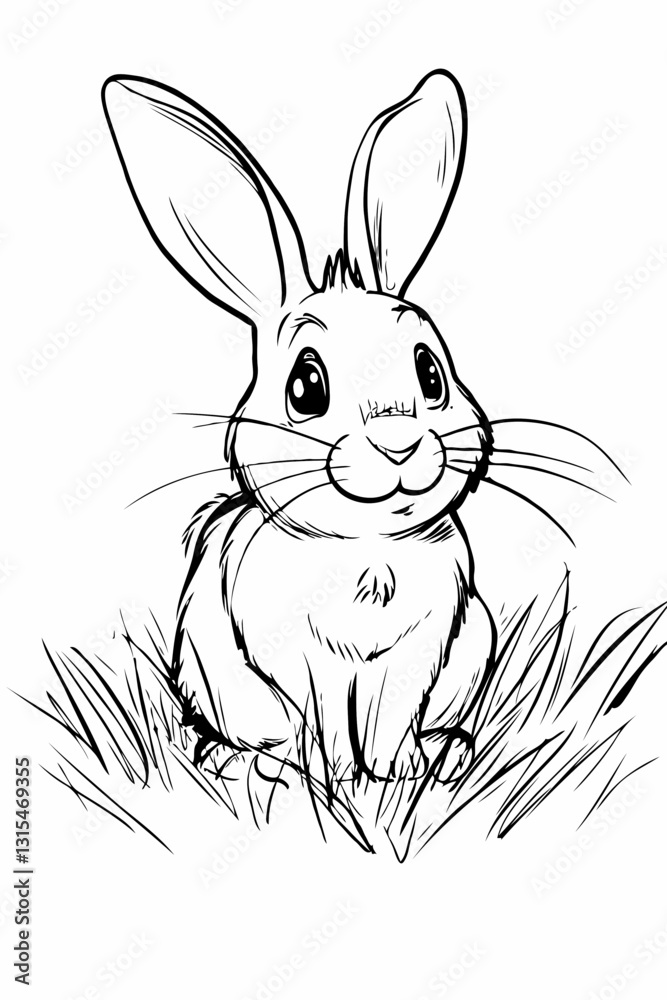 Fototapeta premium Happy Bunny Sitting Peacefully in Grassy Meadow, coloring book for kidsBunny Sitting Peacefully in Grass, coloring book for kids