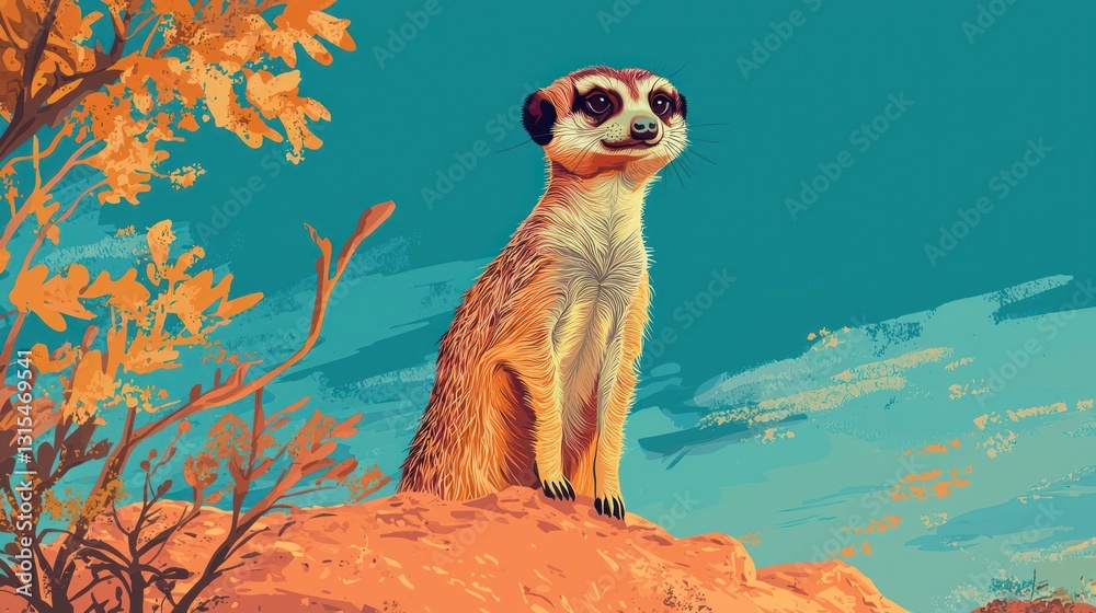 custom made wallpaper toronto digitalAlert meerkat sitting on a rock, gazing into the distance against a vibrant teal sky and autumnal foliage.