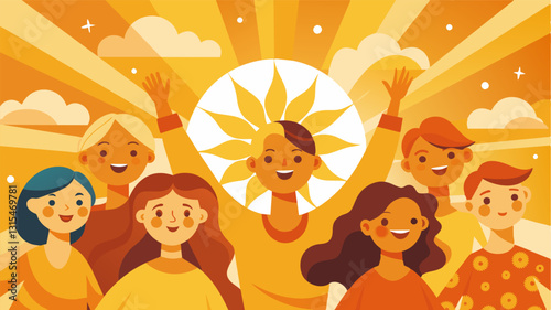 The warm golden sunbeams dance across the groups faces as they bask in the serenity of the outdoor space.. Vector illustration