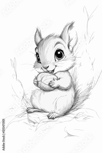 Charming squirrel gracefully sits with a nut on a branch, coloring book for kids