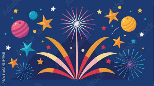 Colorful fireworks display lighting up the night sky during a festive celebration with vibrant stars and dynamic bursts of color