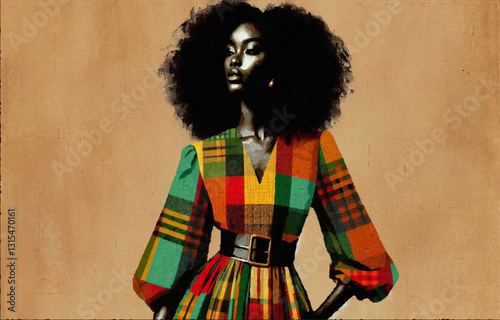 An African-American woman in a beautiful outfit is spray-painted on the wall. Graffiti. Vector graphics. EPS.