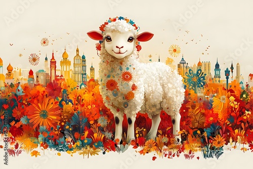 Cheerful Sheep with Flowers Against a Vibrant Floral Backdrop