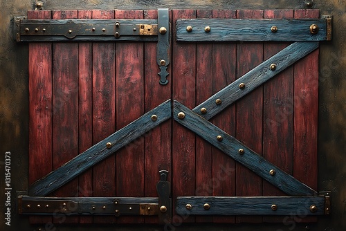 Rustic Dark Red Wooden Door with Metal Support Bracing And Cross Bar Design. 