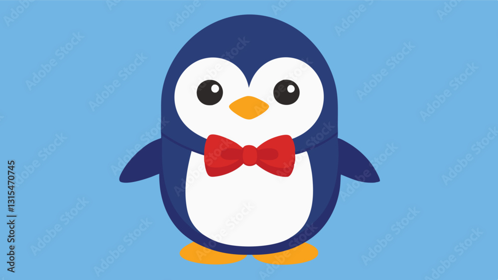 Naklejka premium Cute penguin in a blue bow tie standing against a light blue background, creating a cheerful and playful atmosphere for any occasion
