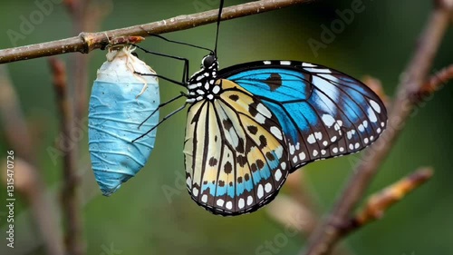 blue and black butterfly emerging from cocoon on a branch representing transformation growth and nature evolution  