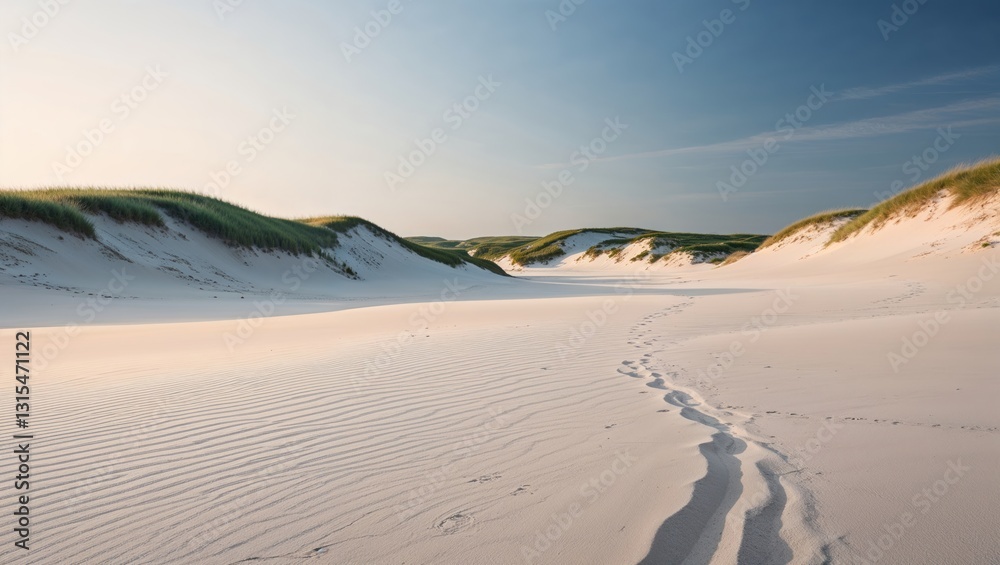 A serene beach landscape with gentle dunes and footprints in the sand under a clear sky. A serene beach landscape with gentle dunes and footprints in the sand under a clear sky.
