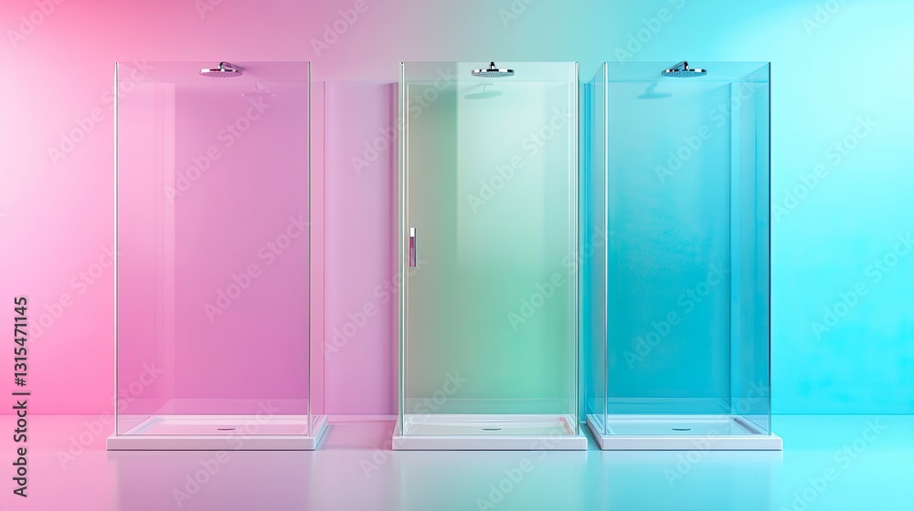 Three modern glass shower enclosures in pink, green, and blue illuminated rooms. Three modern glass shower enclosures in pink, green, and blue illuminated rooms.