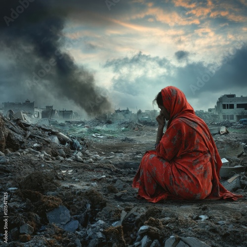 Woman in a red shawl sits in a devastated landscape during twilight reflecting on loss and destruction caused by conflict