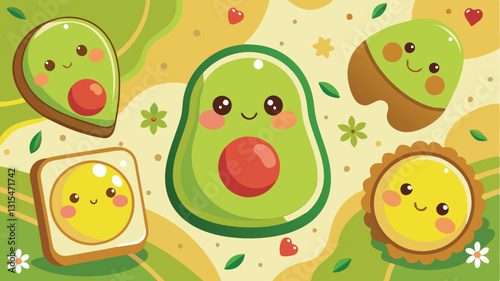 Cute vector illustration of happy avocado, toast, and fruits on a colorful background with playful expressions and fun elements