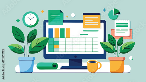Vector illustration depicting a modern workspace with a computer displaying graphs, surrounded by plants, office supplies, and various notes