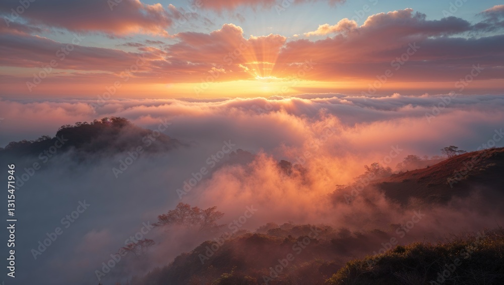 A breathtaking sunrise over misty mountains, creating a serene and calming atmosphere. A breathtaking sunrise over misty mountains, creating a serene and calming atmosphere.