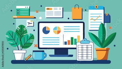 Vector illustration depicting a modern workspace with a computer displaying graphs, surrounded by plants, office supplies, and various notes