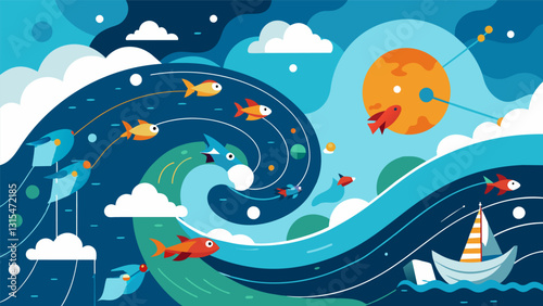 The Big Data Ocean was a constantly evolving ecosystem with currents and eddies constantly flowing and changing course.. Vector illustration