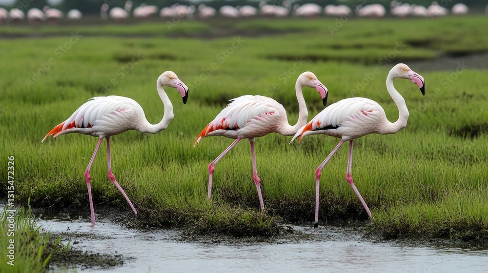 A group of white flamingos wading through a wet grassy marsh. A group of white flamingos wading through a wet grassy marsh.