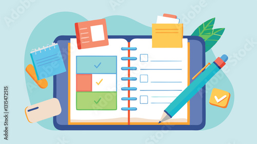 Creative planner illustration with colorful sticky notes and stationery items on a light background