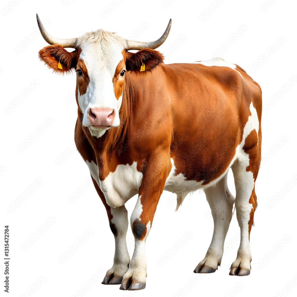 Full Shot of a Beautiful Spotted Cow Against a White Background
