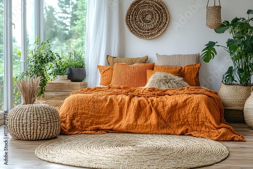 Stylish bedroom with orange bedding, natural materials, and greenery in a bright boho-style interior

 photo